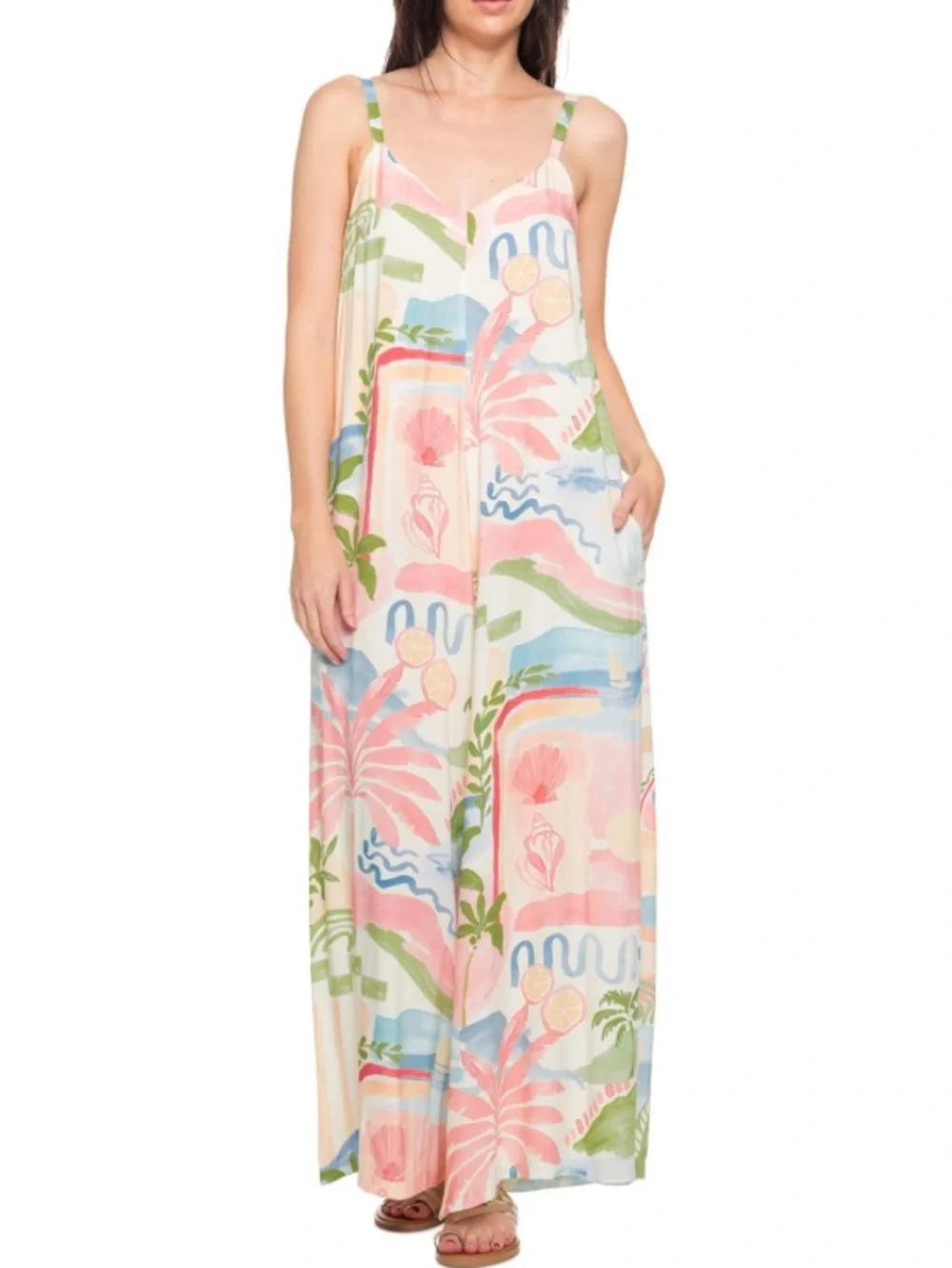 Pastel Pink Tropical Print Maxi Dress with Adjustable Straps - Picture 1 of 2